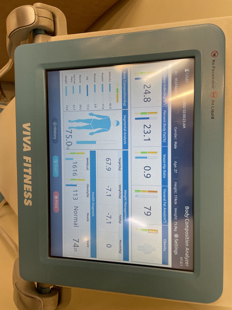 75.0kg, 23.1% fat, score 74