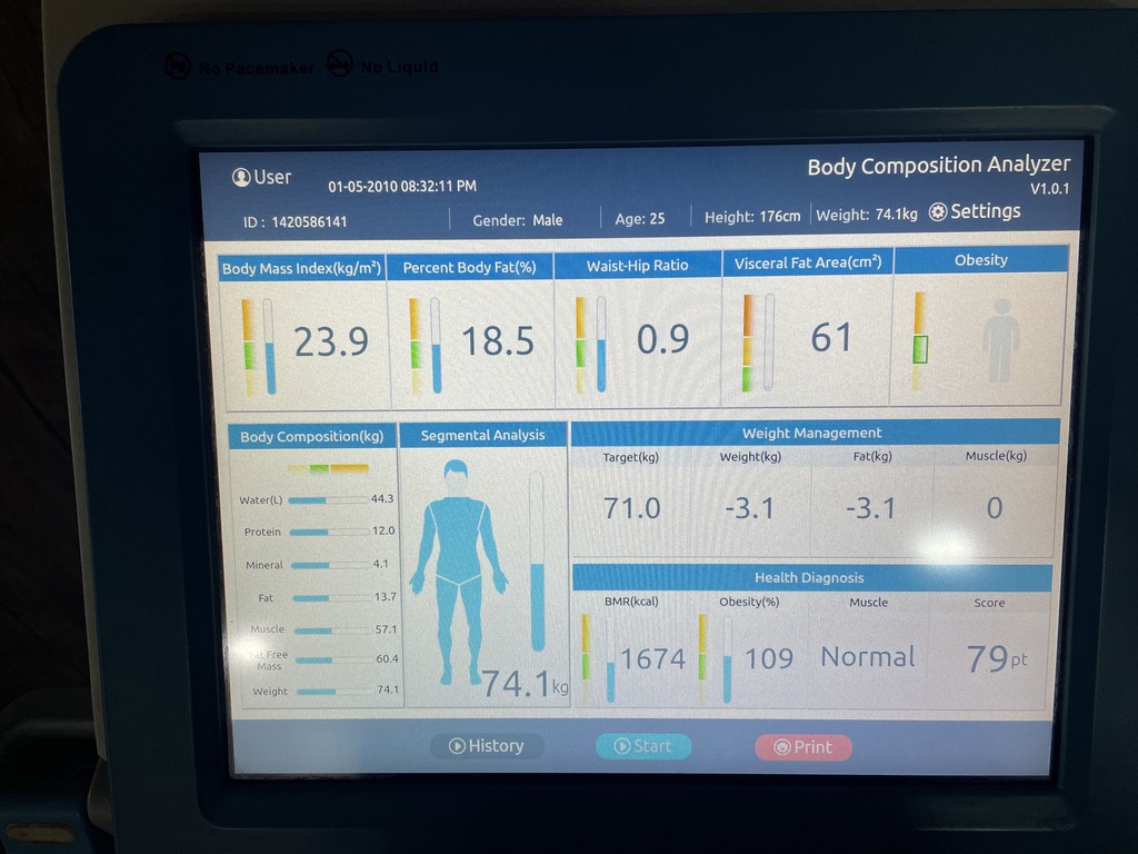 recent: 74.1kg, 18.5% fat